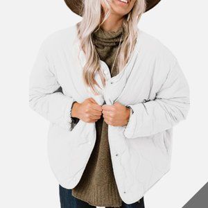 SHEWIN White Sherpa Puffer Jacket for Women Button Down Reversible Quilted Large